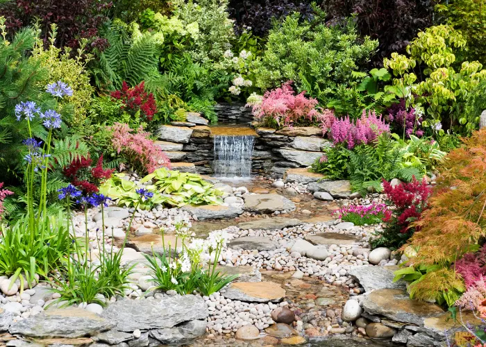 A water garden with a waterfall that flows through a beautifully landscaped backyard